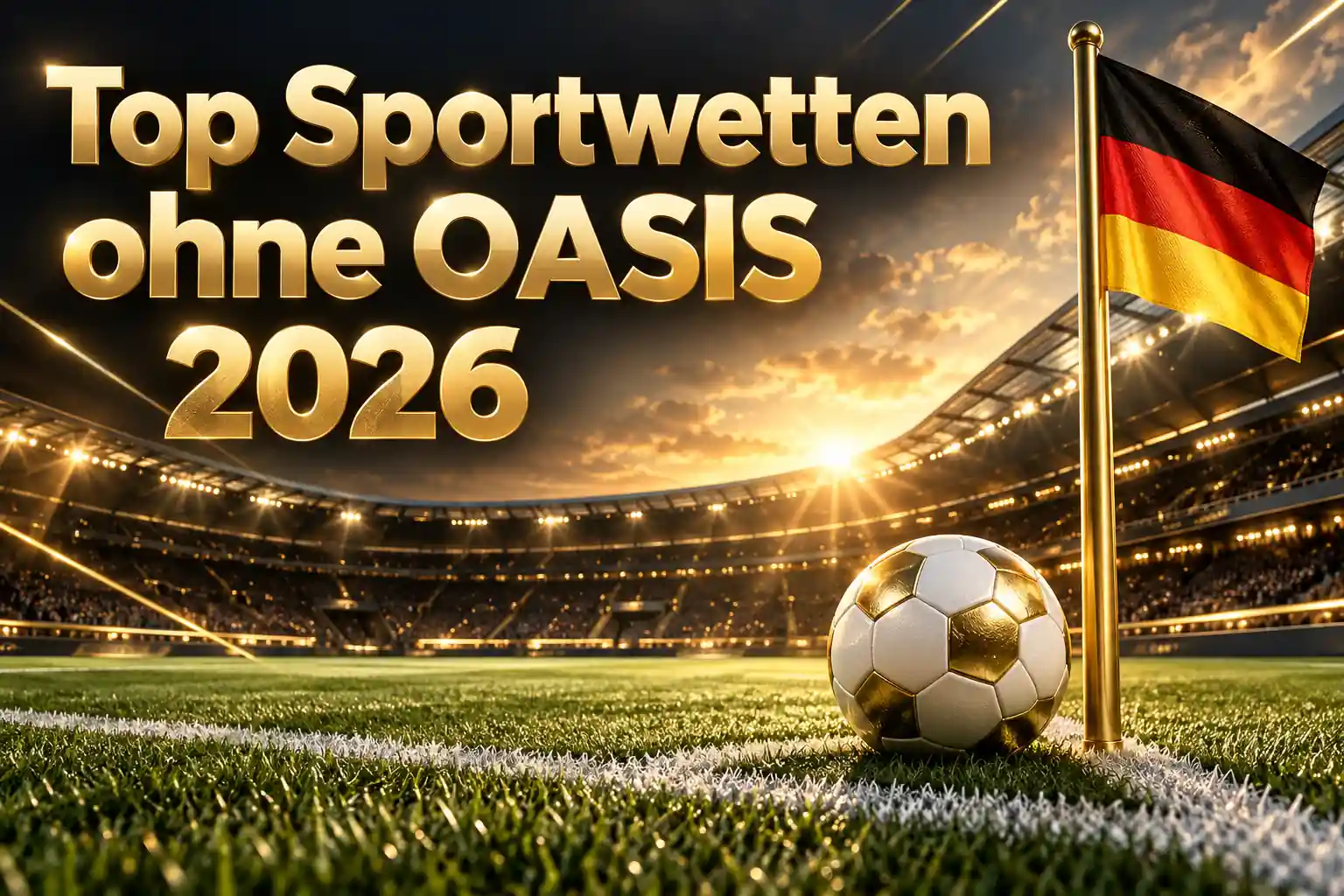 Top Sportwetten ohne OASIS 2026 – goldener Schriftzug über einem Fußballstadion mit weiß-goldenem Ball und deutscher Flagge an der Eckfahne